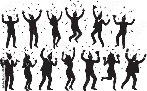 Festive celebration with party hats, confetti, embodying jubilation, joy and togetherness. A group of individuals in silhouette, celebrating an event.