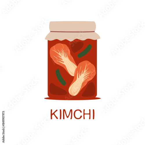 Kimchi. Traditional Korean food, side dish or snack of salted and fermented vegetables such as napa cabbage and Korean radish. Flat vector illustration