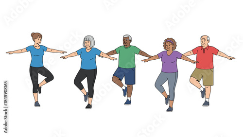 Diverse group of people performing a balancing exercise with arms outstretched, promoting active lifestyles and wellness for all ages.
