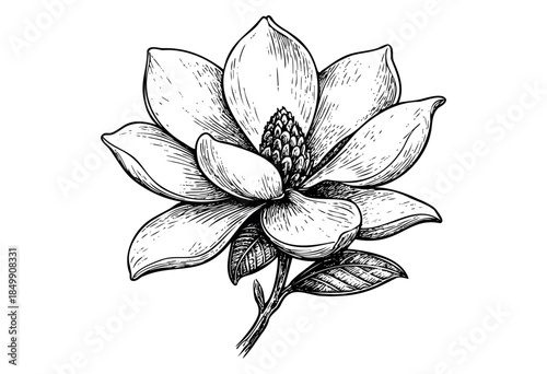 A detailed, hand-drawn sketch of a magnolia flower with leaves and stem, rendered in a classic black and white ink style, perfect for vintage botanical designs.