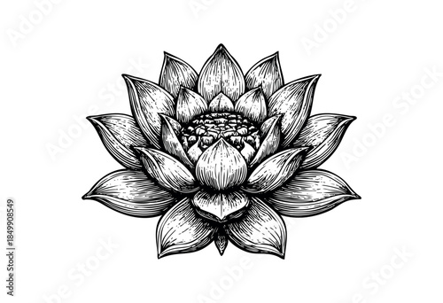 Detailed black and white engraving of a lotus flower with intricate petal details, isolated on a clean white background. Perfect for concepts of purity, spirituality, and nature.
