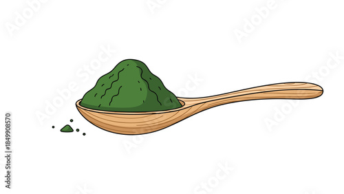 A wooden spoon is filled with vibrant green matcha powder, showcasing its natural color and texture for culinary or wellness applications.