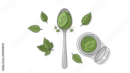 Vibrant green matcha powder displayed with fresh leaves and an open container, showcasing a healthy and natural ingredient.