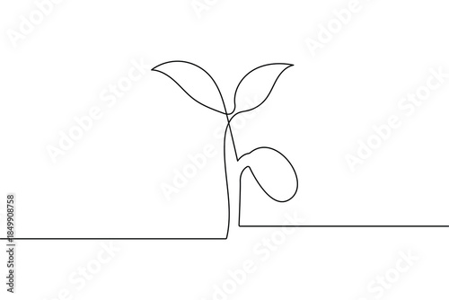 Continuous one  line drawing of a small plant sprout from a seed on white background