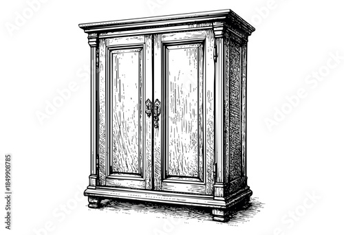 A detailed black and white sketch depicts an antique wooden armoire with intricate carvings and ornate handles, perfect for interior design or historical concepts.