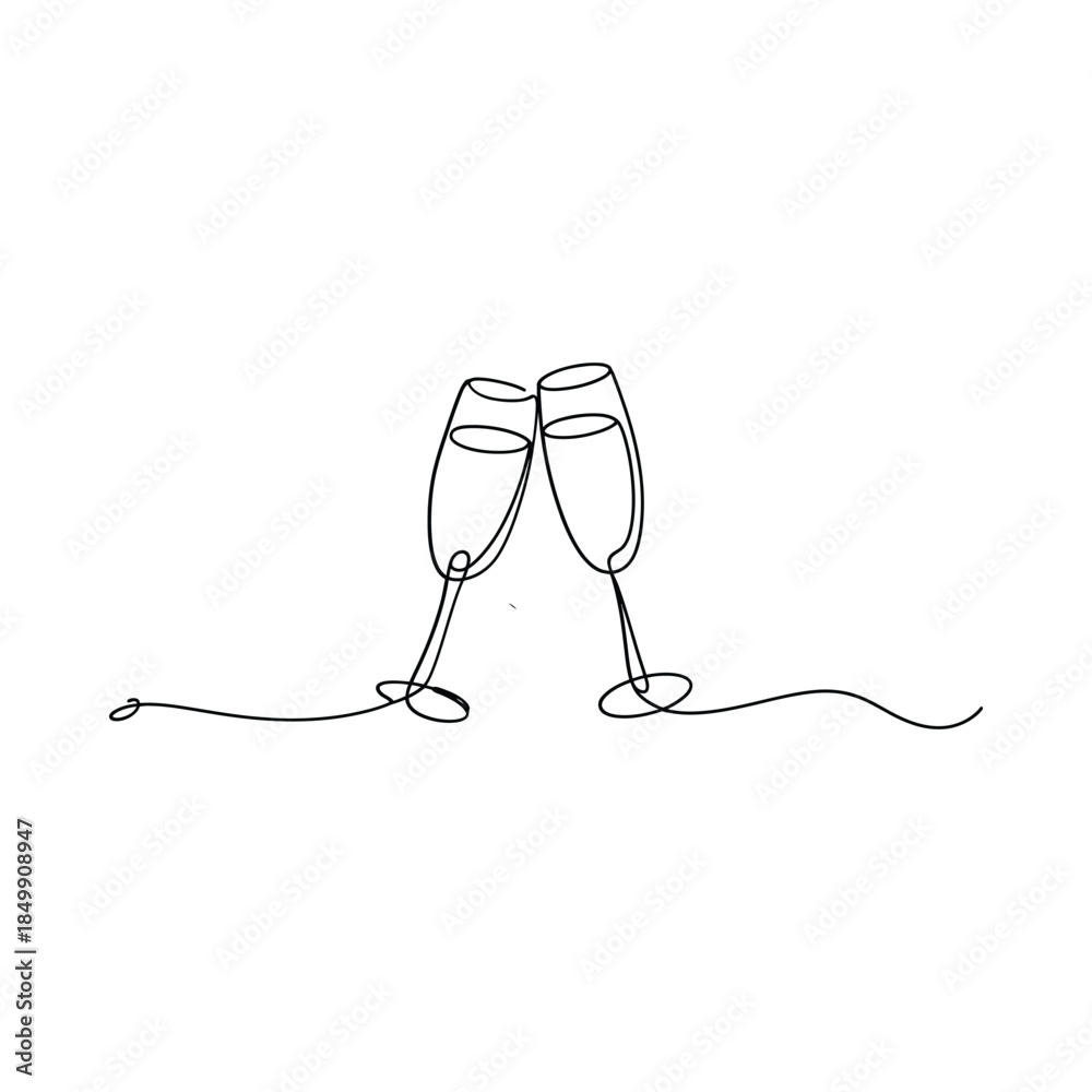 Obraz premium Elegant line art depicts two champagne glasses toasting in a minimalist style