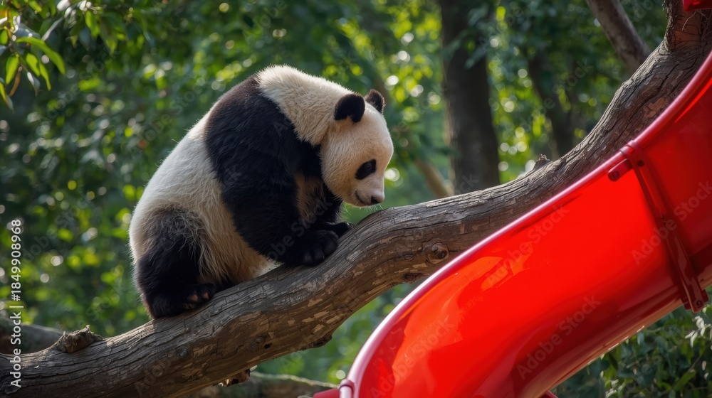 Fototapeta premium Panda climbing tree near red slide