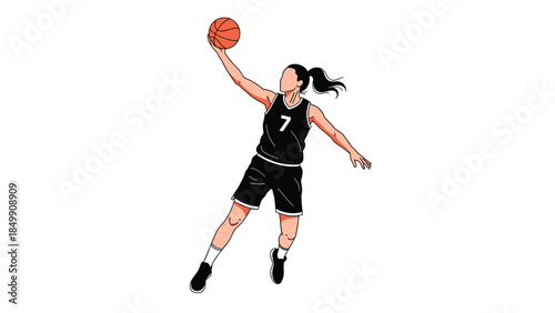 Female basketball player in mid-air prepares to shoot the ball during a game, showcasing athletic skill and determination.