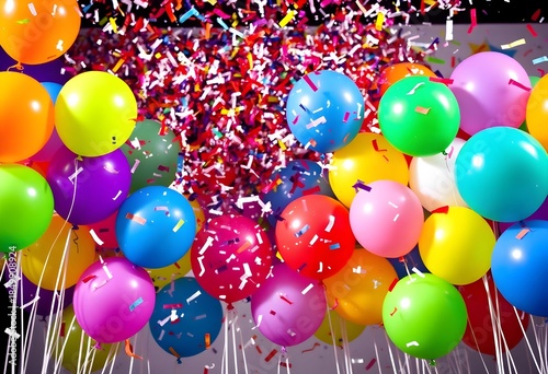 Vibrant Colorful Balloons and Confetti Burst for Celebration and Festive Party Background