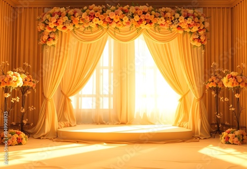 Elegant Wedding Stage Decoration with Golden Drapes and Luxury Floral Backdrop for Marriage Ceremony