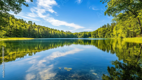 The water of the lake is still and crystal clear, reflecting the green of the trees and blue sky. How would you spend your time here, enjoying this perfect natural scene?