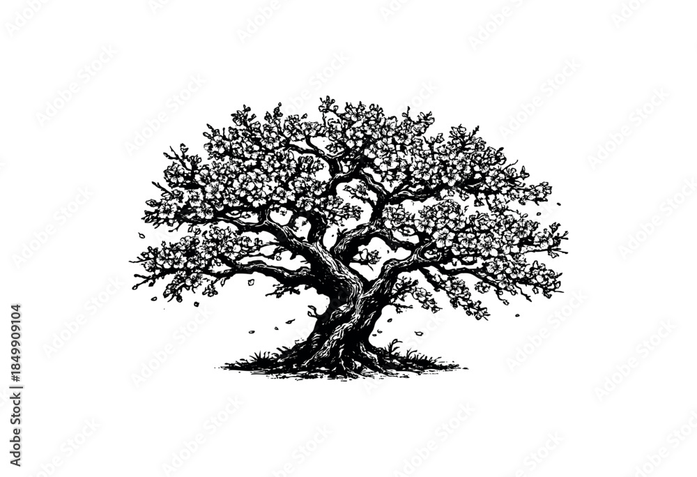 Fototapeta premium A beautifully detailed black and white illustration of a blooming cherry blossom tree with intricate branches and delicate flowers, set against a clean white background.