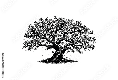 A beautifully detailed black and white illustration of a blooming cherry blossom tree with intricate branches and delicate flowers, set against a clean white background.