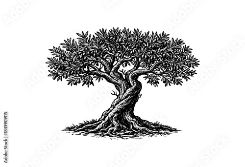 A stylized, detailed black and white illustration of a mature tree with dense foliage and exposed roots against a clean white background, evoking a sense of nature and classic design.