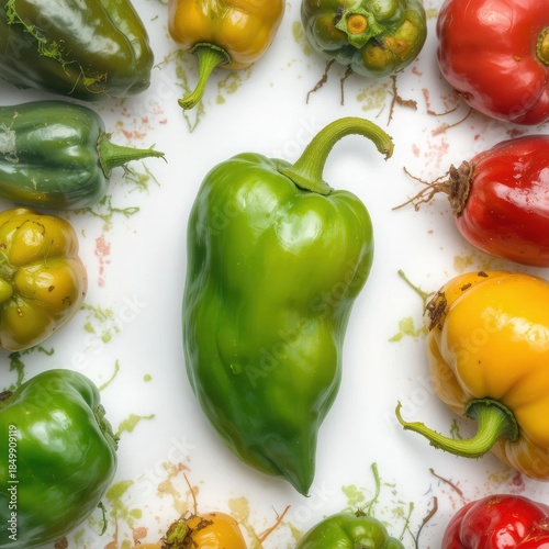 Assorted bell peppers on a white surface