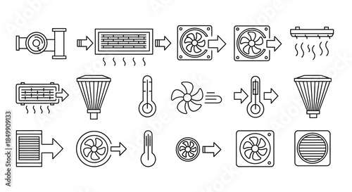 Collection of line icons illustrating various components and processes of HVAC systems, including ventilation, heating, cooling, and air filtration.