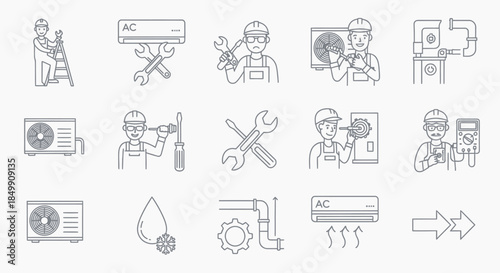 Line art icons depicting HVAC service, repair, and installation by technicians with tools.