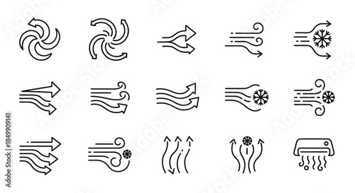 Set of linear vector icons illustrating different airflows, ventilation, and climate control concepts, including fans, wind, and air conditioning units.
