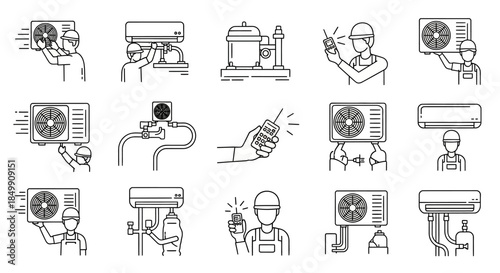 Air conditioning installation and repair service line icons set, showing technicians working on AC units, tools, and maintenance processes.