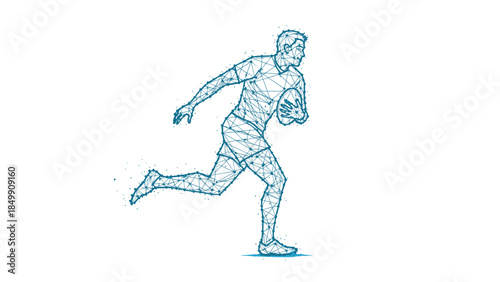 Dynamic illustration of a rugby player in motion with a ball, showcasing athleticism and the energy of the sport.