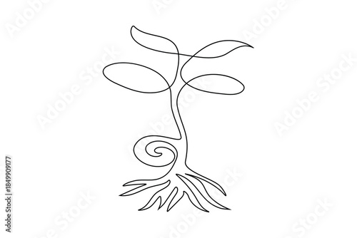 Continuous one  line drawing of a small plant sprout from a seed on white background