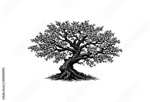 A detailed black and white sketch of a blossoming tree with intricate roots and delicate flowers, evoking a sense of nature, growth, and artistry.