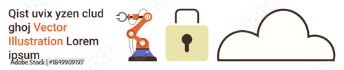 Technology development, data security, cloud storage, automation systems, cybersecurity, and innovation. Robotic arm, lock and cloud. Data security and cloud storage concepts