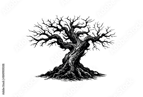 A detailed black and white illustration of a very old, gnarled, bare tree with twisted branches and a strong root system, isolated on a white background.