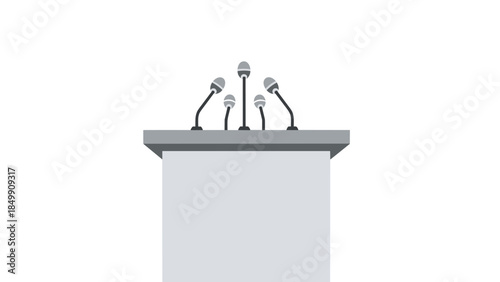 Empty podium with multiple microphones set up for a press conference or public speaking event, ready for announcements.