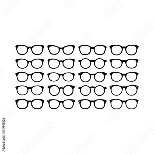 An arrangement of multiple black framed eyeglasses on a white background