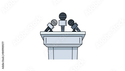 A press conference setup with multiple microphones positioned on a podium suggests an important announcement or official statement.