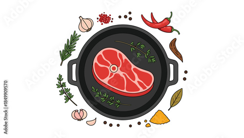 A vibrant illustration showcases a raw steak nestled in a cast iron skillet surrounded by fresh herbs and spices, evoking culinary delight.