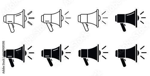Collection of eight megaphone icons showing different styles of announcement and loud communication symbols