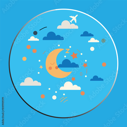 Flat Vector Illustration of a Sleeping Crescent Moon with Stars, Clouds, and an Airplane in a Circular Frame.