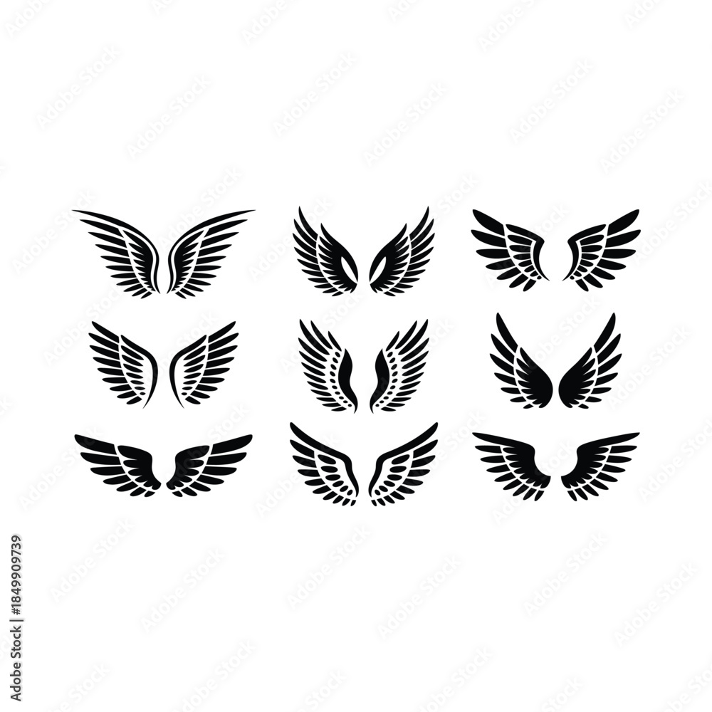 Fototapeta premium Collection of black wing designs in various shapes and styles isolated on white
