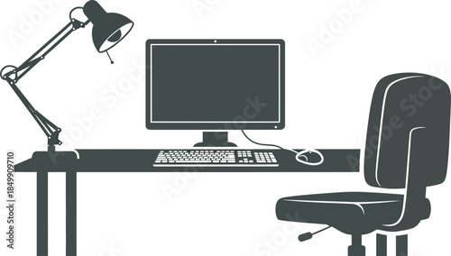 Modern home office workspace with computer desk lamp chair isolated on white background for business productivity concept