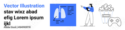 Lungs diagram, person analyzing pointing forward, popcorn bucket, gaming controller. Ideal for healthcare, diagnostics, analytics, leisure, learning digital content simple landing page