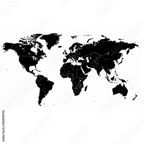 World map vector illustration on a black background showing all continents and oceans