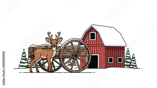 Charming winter scene depicts a deer standing by a wooden cart near a red barn with snow covered roof and evergreen trees.