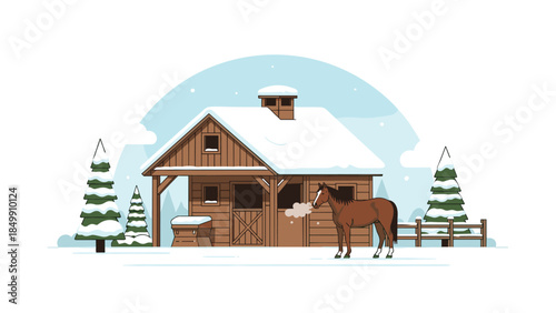 Winter scene depicts a cozy barn with a snow covered roof and a brown horse breathing visible vapor in a frosty landscape.