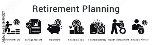 Retirement planning builds funds through savings accounts achieving financial goals with literacy and advisor support.