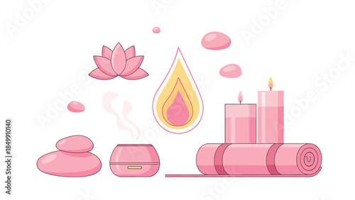 Serene spa arrangement with pink lotus flower, candles, diffuser, and stones evokes relaxation and wellness.
