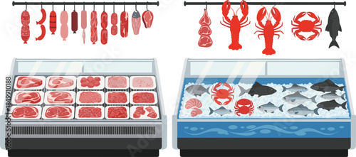 Butcher shop and seafood market display with fresh meat cuts sausages lobster crab and fish in refrigerator counters for grocery store and culinary design.
