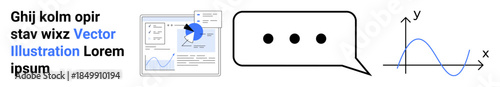 Data visualization, analytics, communication, technology UI, graphical trends, education learning. A graph, speech bubble and window interface . Data visualization and analytics focus