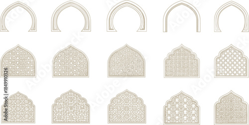 Set of elegant Islamic arch frames and windows with traditional arabesque patterns for Ramadan Kareem greeting cards and middle eastern cultural design.