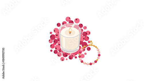 A serene still life features a lit candle surrounded by pink beads and scattered berries, evoking a sense of calm and gentle beauty.