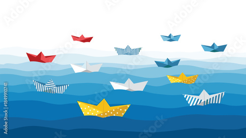Colorful paper boats float on wavy blue water, creating a whimsical and playful scene evoking childhood memories and dreams of adventure.