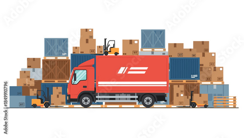 Efficient logistics operation features a red delivery truck surrounded by stacked boxes, pallets, and shipping containers, illustrating modern supply chain management.