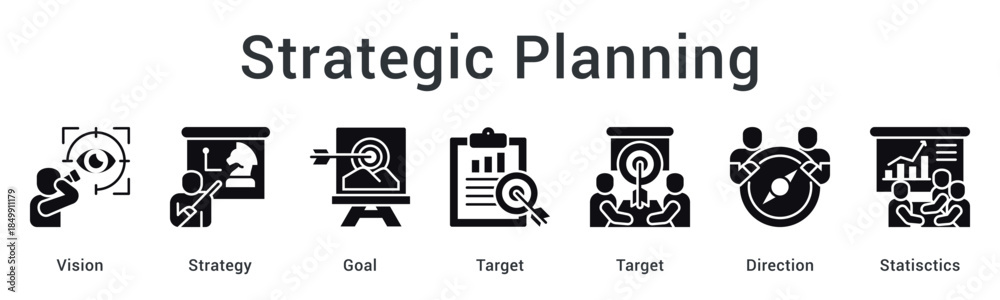 Naklejka premium Strategic planning establishes vision and strategy with clear goals and targets using statistical direction indicators.