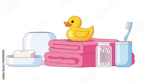 Colorful bathroom essentials including a rubber duck, stacked towels, soap, cotton swabs, and a toothbrush create a cheerful hygiene scene.